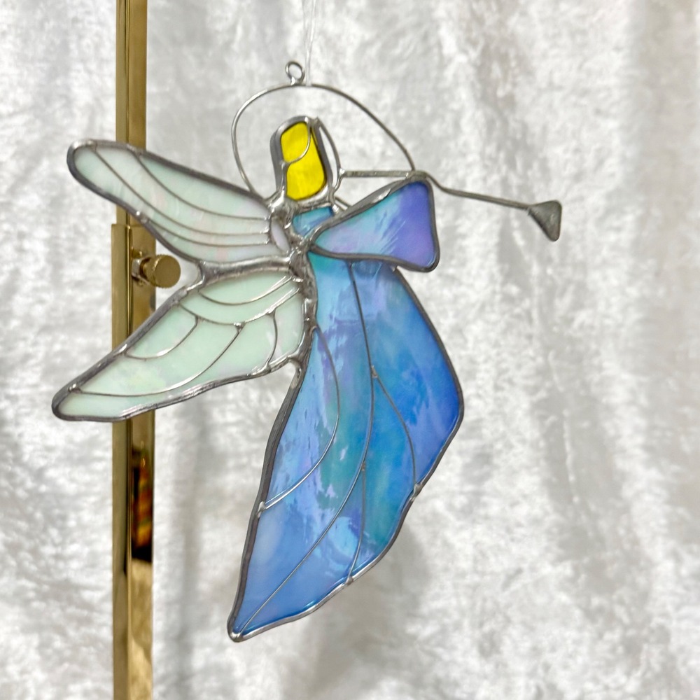 Stained Glass Angel with Trumpet Ornament, Blue and White,‎ Religious Decor 7" H